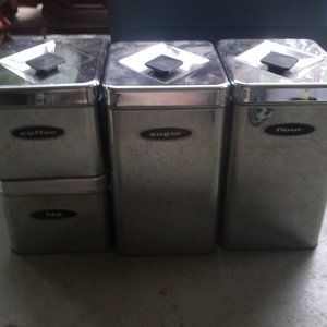4 Mastercraft Mid Century chrome canisters w/lids flour tea sugar coffee